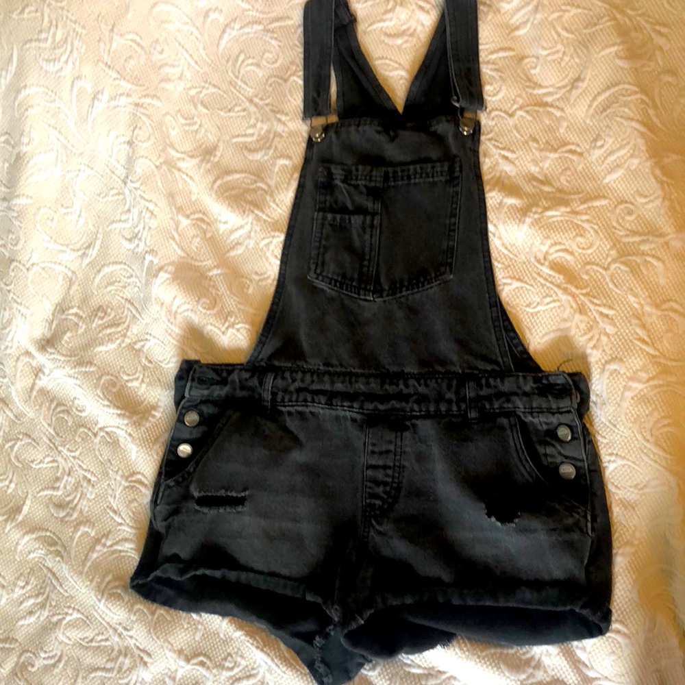 Black denim overall shorts